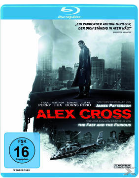 Alex Cross Blu-ray-Cover mit einem Mann, der eine Waffe hält, Stadt im Hintergrund, dunkles Thema.