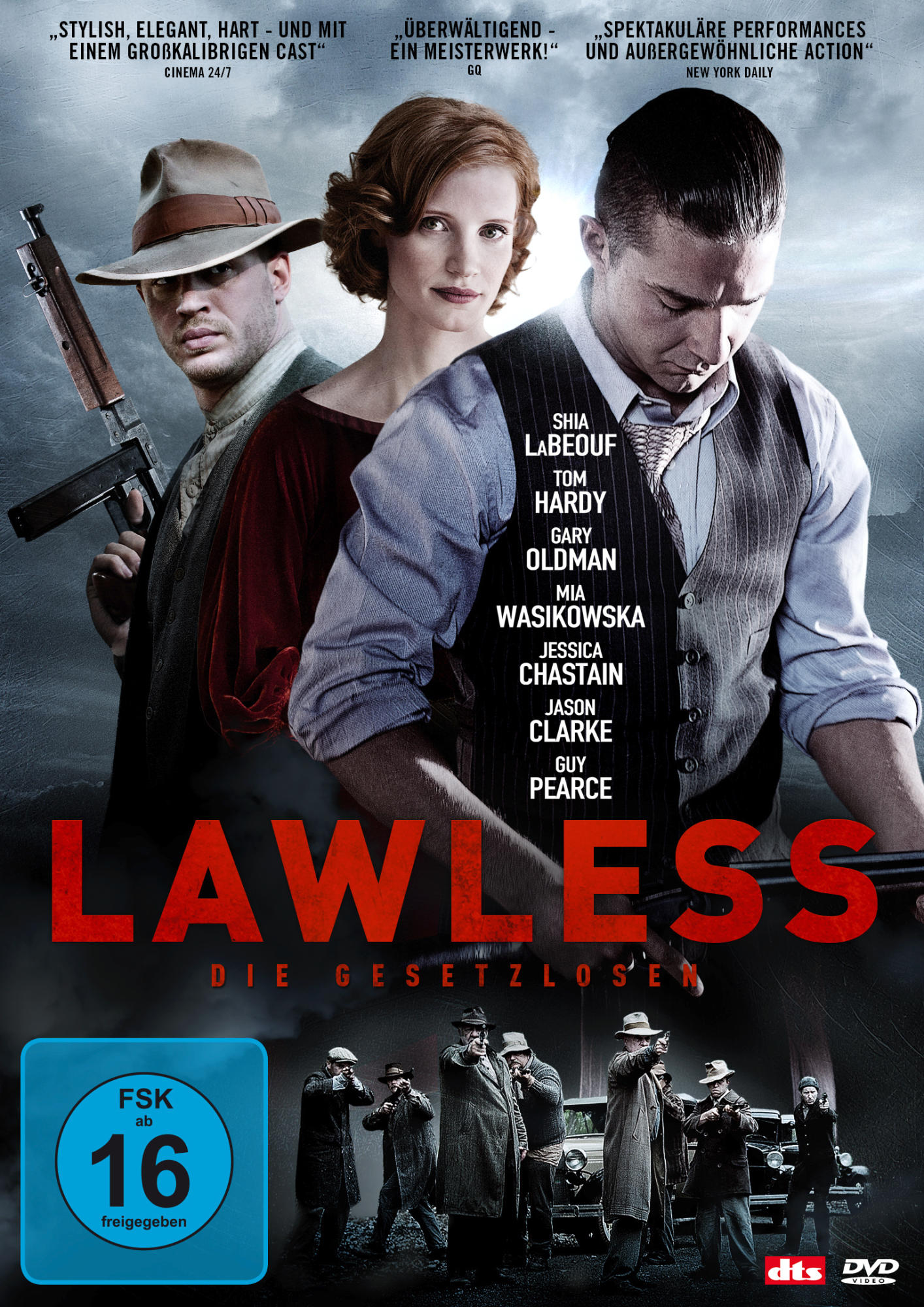 Filmposter für Lawless, mit Tom Hardy, Shia LaBeouf und anderen. Zeigt eine Gruppe von Männern mit Waffen.