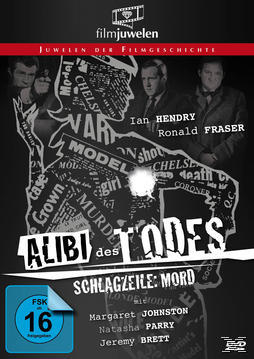 Schwarz-weiß DVD-Cover mit Text 'Alibi des Todes', Gesichtern und der Altersfreigabe FSK 16.