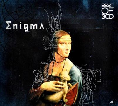 Albumcover mit einem Gemälde einer Frau, die einen Hund hält, und dem Wort „Enigma“.