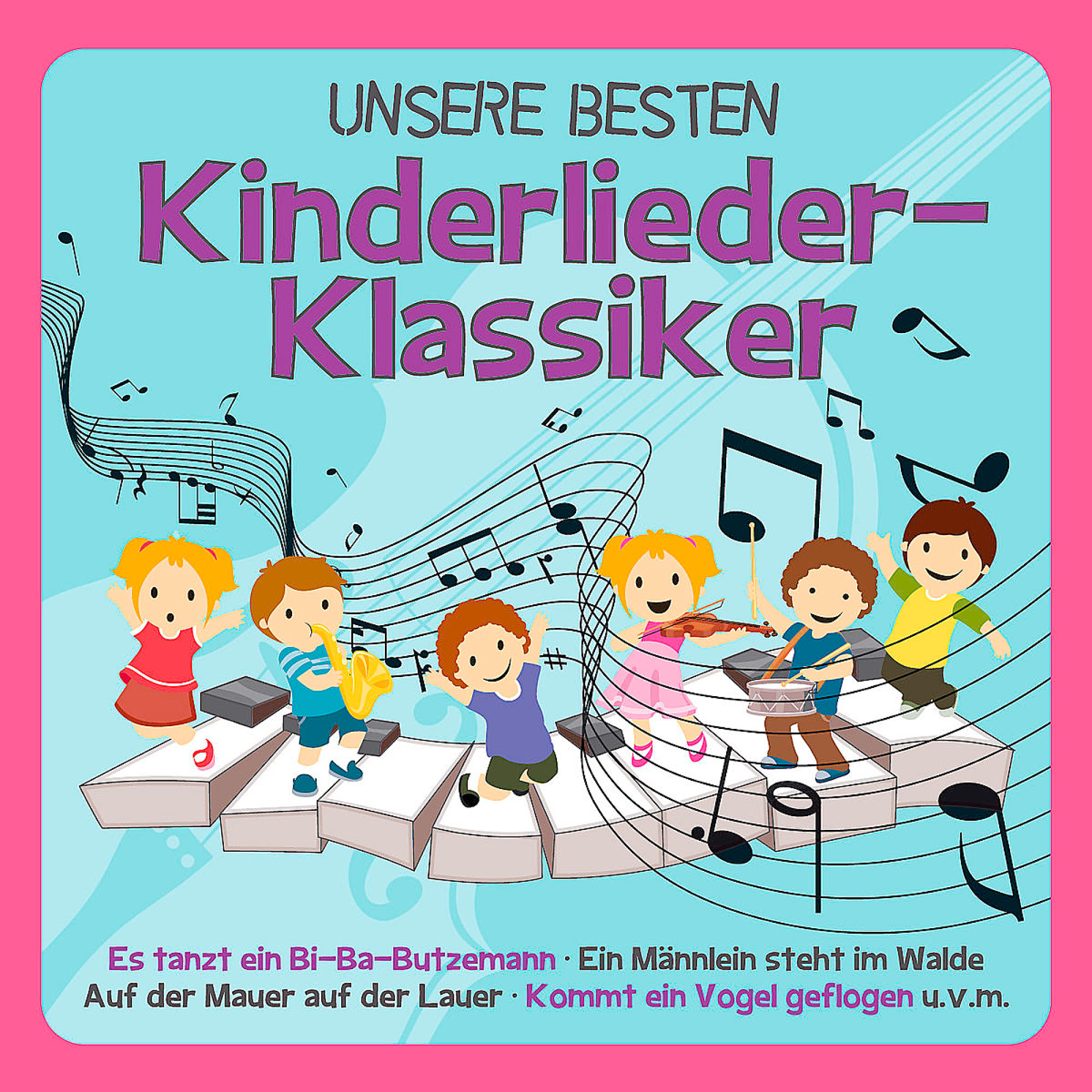 Buntes Kindermusik-Albumcover mit Cartoon-Kindern, die Instrumente spielen und Noten.