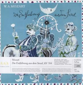 Albumcover, Mozarts Oper mit Figuren in orientalischer Kleidung, türkisfarbener Hintergrund. Titel: Die Entführung aus dem Serail.