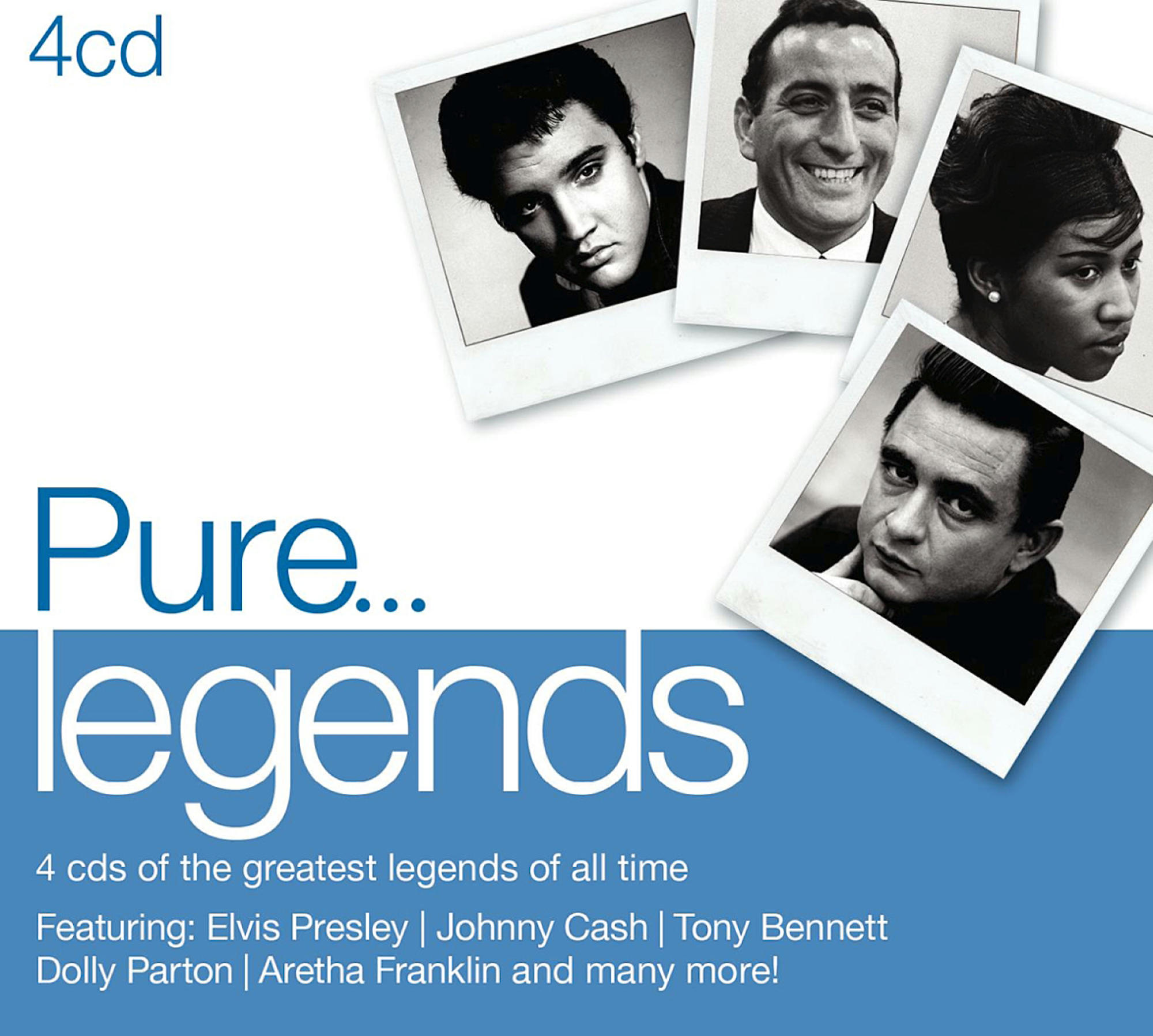 CD-hoes met foto's van Elvis, Johnny Cash, Tony Bennett, Dolly Parton en Aretha Franklin.