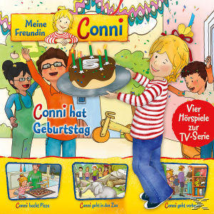 Buchcover mit Conni, die einen Kuchen mit Kerzen hält, und anderen Szenen.