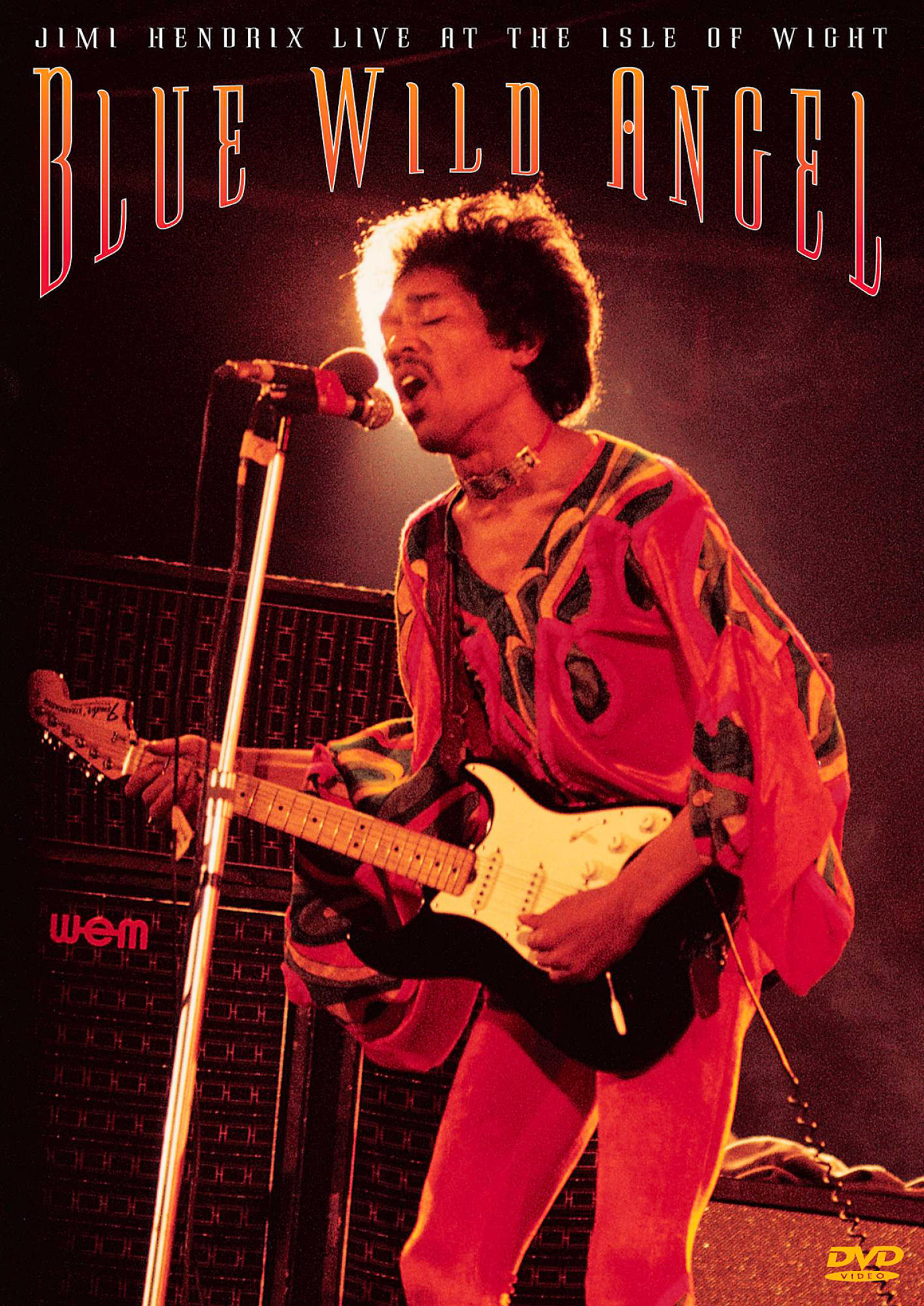 DVD-Cover mit Jimi Hendrix, der auf der Bühne Gitarre spielt, ein farbenfrohes Outfit trägt und ein Mikrofon hat.