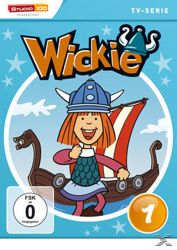 Wickie DVD-Cover mit Cartoon-Wikingerjungen und Schiff auf blauem Hintergrund.