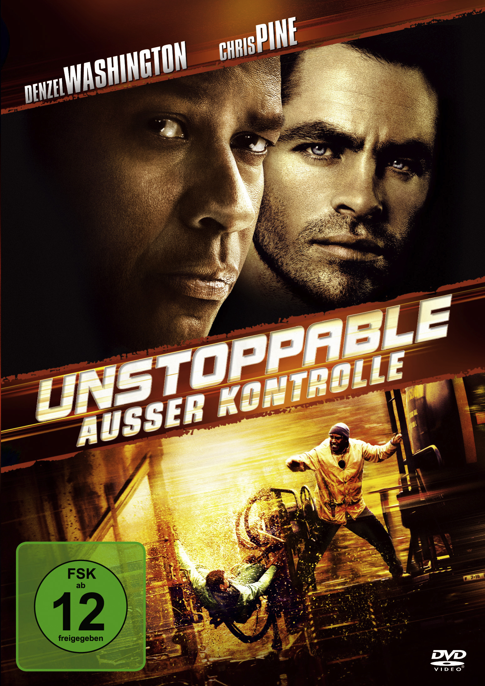 Unstoppable DVD-Cover. Zwei Männer schauen sich an und ein Mann springt auf einen Zug. Actionfilm.