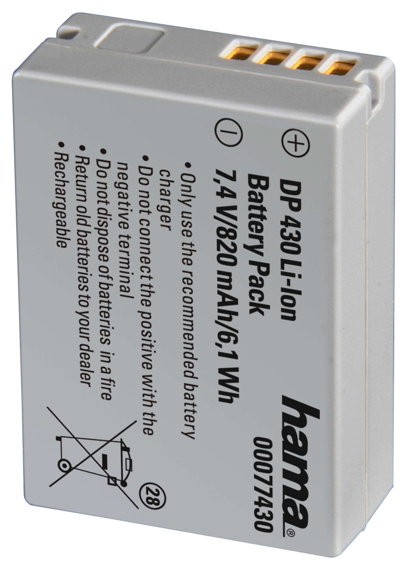 Un bloc-batterie gris Hama avec texte et symboles. Il possède des connecteurs dorés et des avertissements.