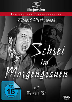Filmcover mit einem schreienden Schauspieler. Text auf Deutsch: 'Schrei im Morgengrauen'.