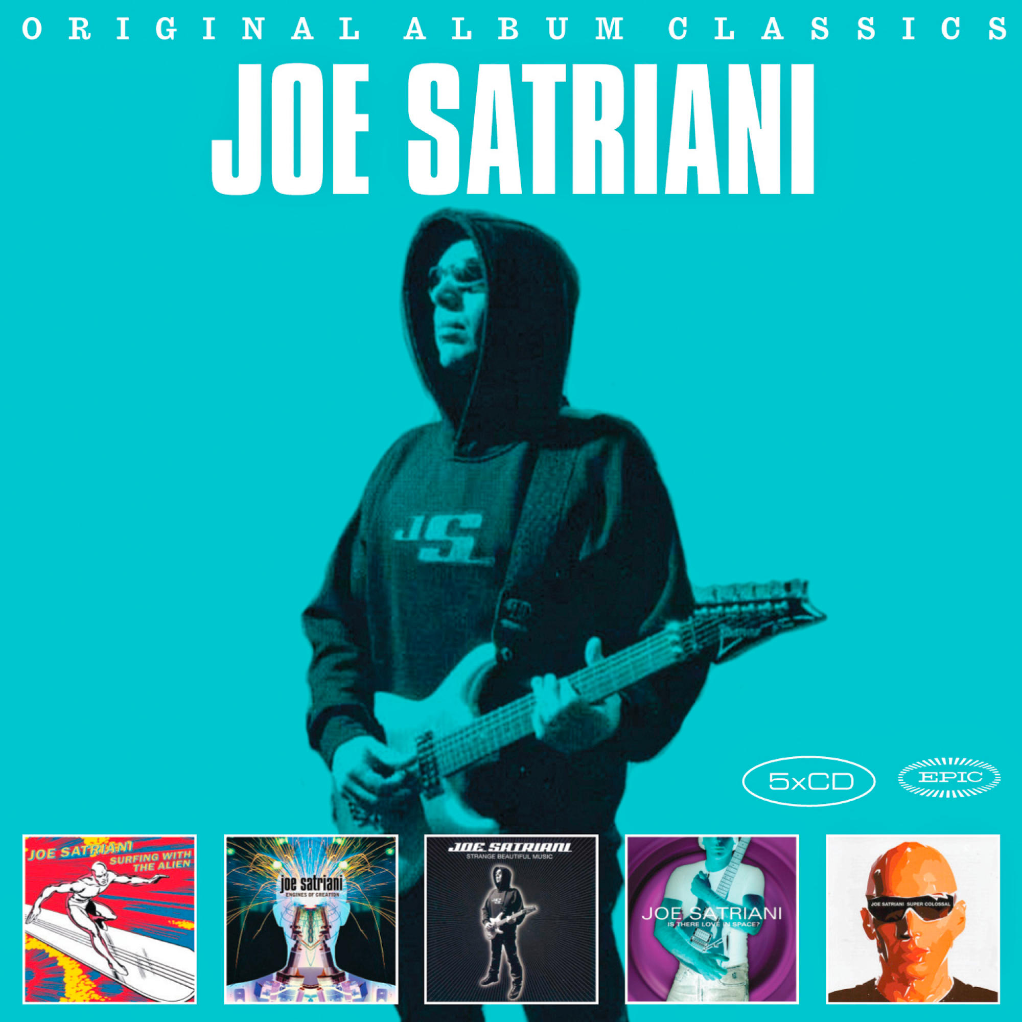 Joe Satriani Albumcover. Mann mit Gitarre. Text: Original Album Classics. Andere Alben im Hintergrund.