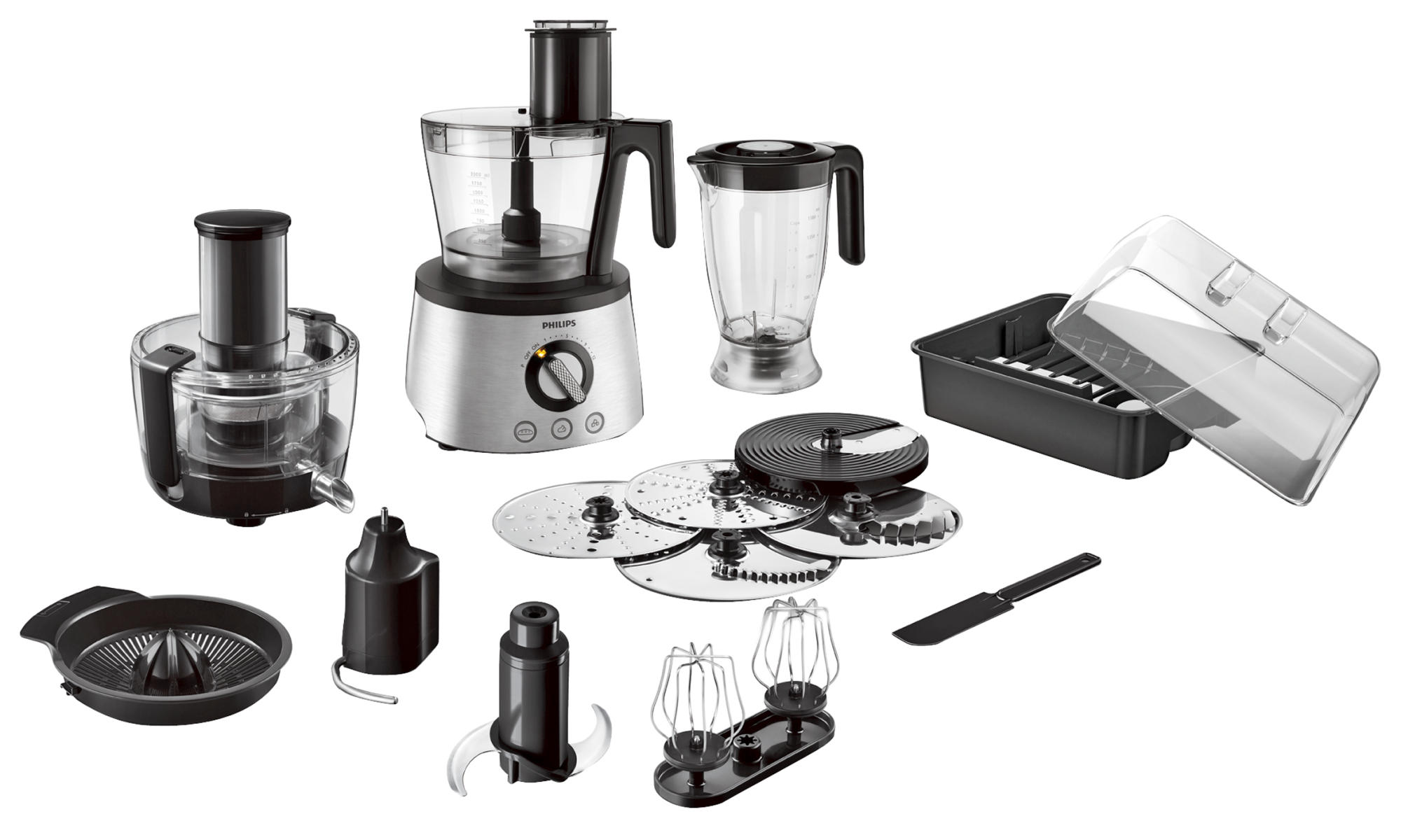 Een keukenmachine met opzetstukken. Inclusief kommen, messen, blender en juicer.