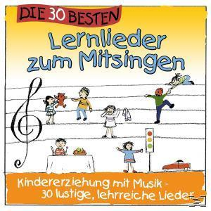 Illustration von spielenden Kindern. Text auf Deutsch über Lernlieder für Kinder.