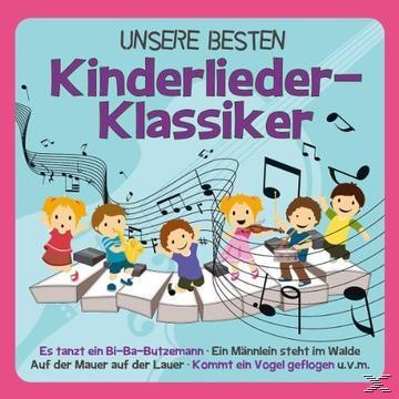 Cartoon von Kindern auf einer Klaviatur mit Noten und Figuren.