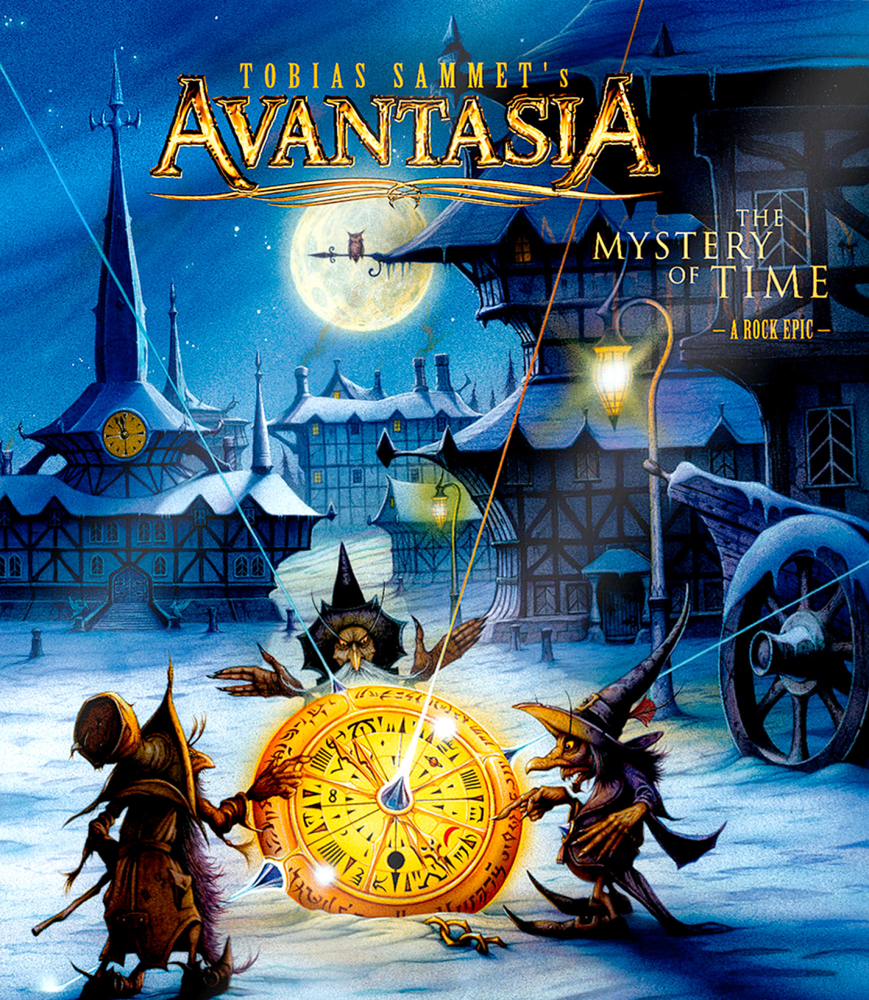 Avantasian Albumcover: Fantasieszene mit zwei Figuren mit einer Uhr und Gebäuden mit Schnee und Vollmond.