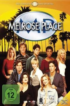 "Melrose Place" DVD-Cover. Gruppenfoto von Schauspielern, Palmen im Hintergrund, grüner Kreis.