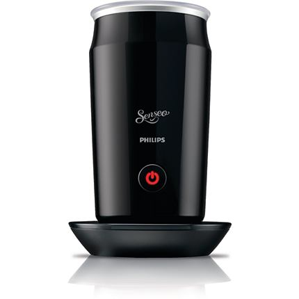 Zwarte Senseo Philips melkopschuimer op een zwarte basis. Rode aan/uit-knop.