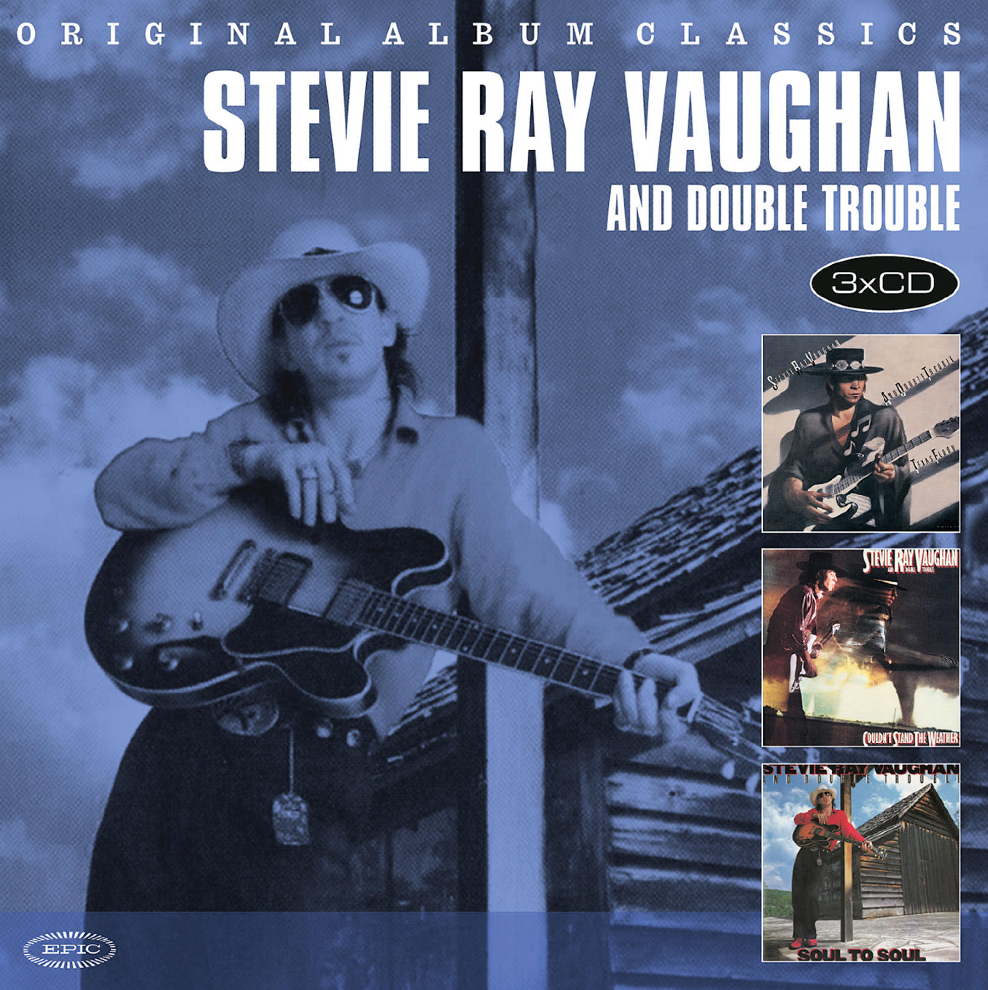 Albumcover: Stevie Ray Vaughan mit Gitarre, plus kleinere Albumcover.