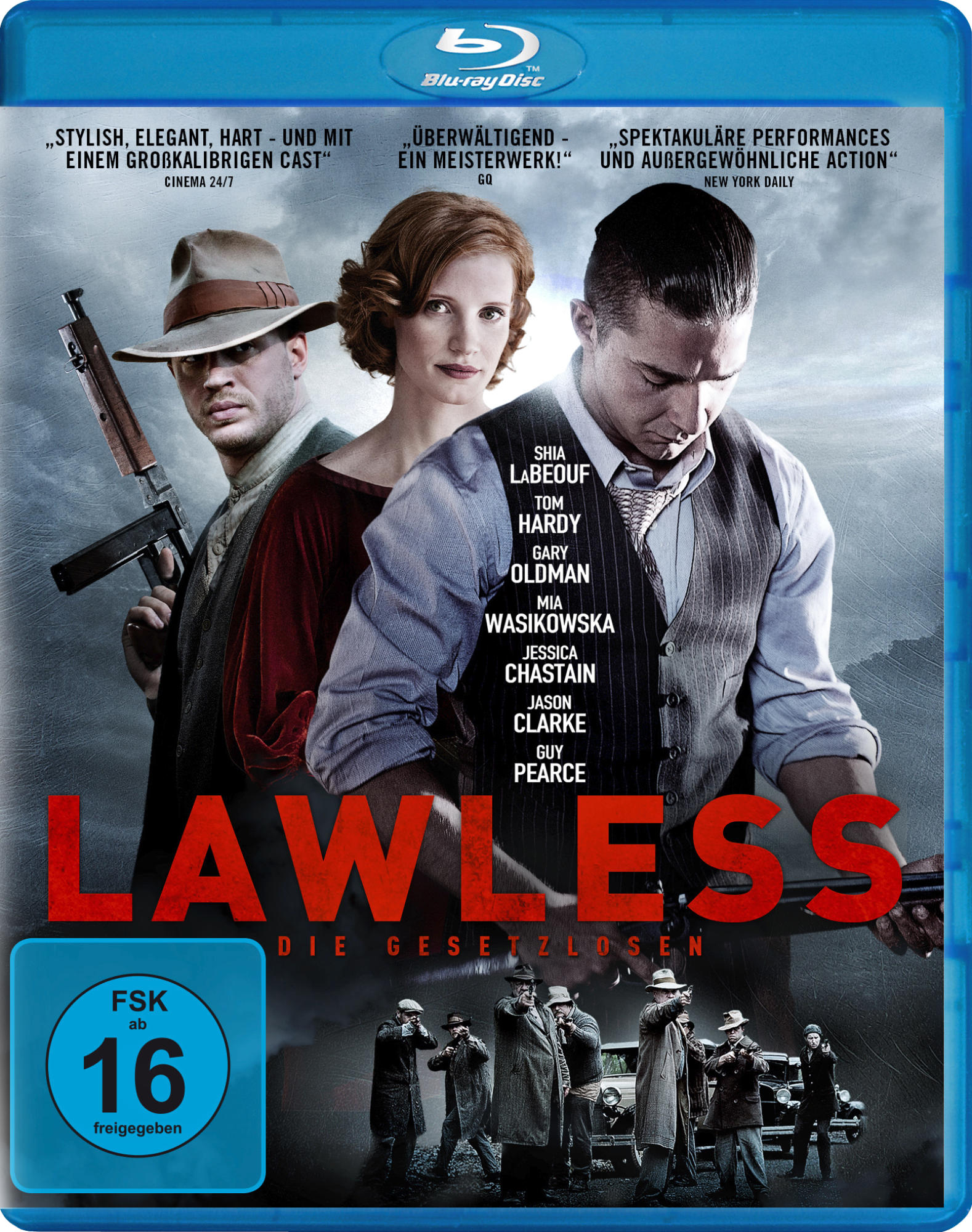 Lawless Blu-ray Cover, Schauspieler, Gewehr und eine Gruppe von Personen.