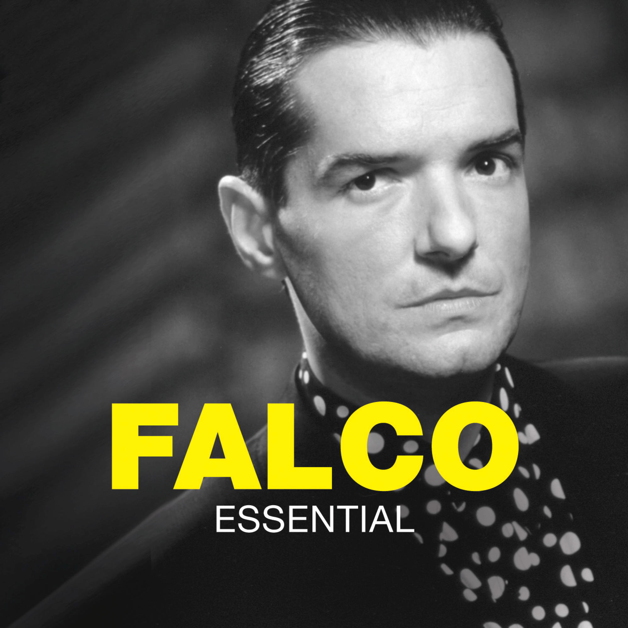 Falco Albumcover. Schwarzweißfoto von Falco mit gelbem Text.