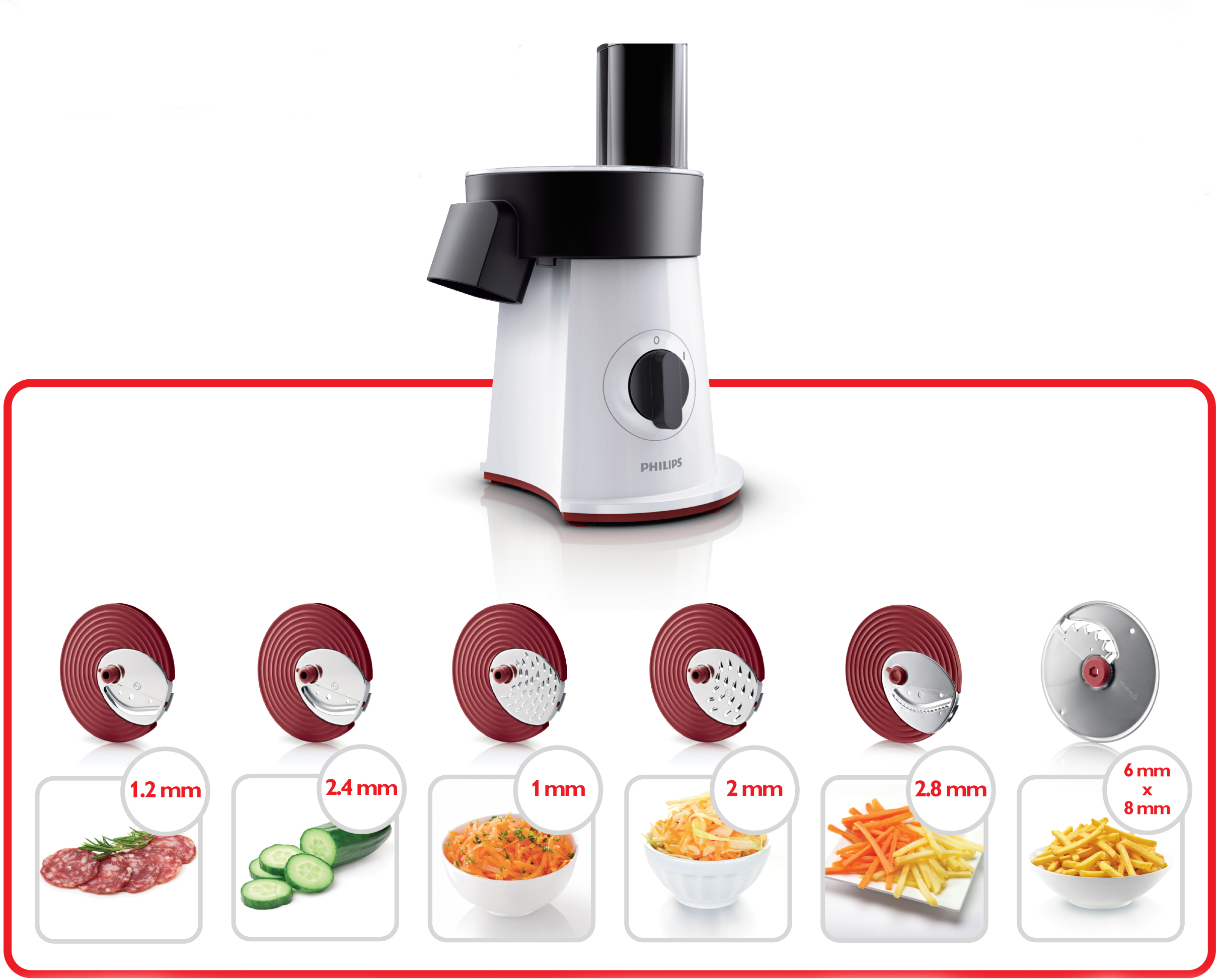Weißer und roter Foodprozessor mit mehreren Schneidklingen und Beispielen für geschnittenes Essen.
