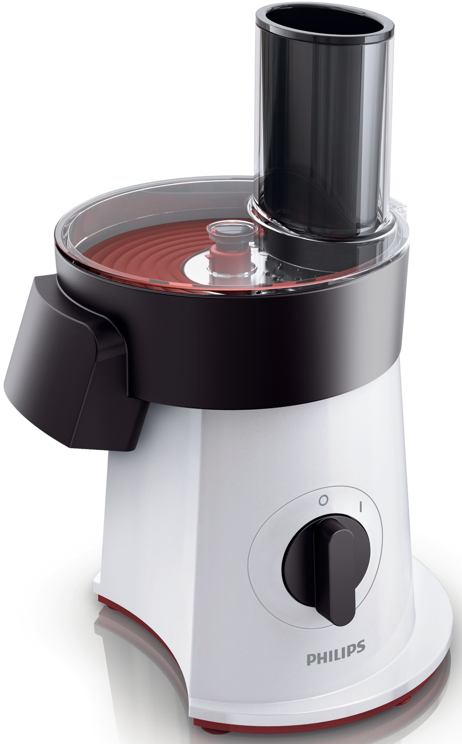 Weißer und schwarzer Philips Küchenmaschine. Hat einen schwarzen Deckel und einen Drehknopf.