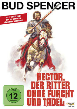 Bud Spencer reitet auf einem weißen Pferd, als Ritter gekleidet. Titel: Hector, der Ritter ohne Furcht und Tadel.