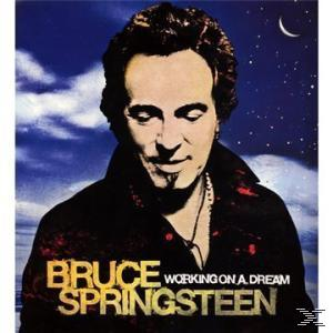 Albumcover: Bruce Springsteen. Portrait mit Text: Working on a Dream. Blauer Himmel mit Mond.