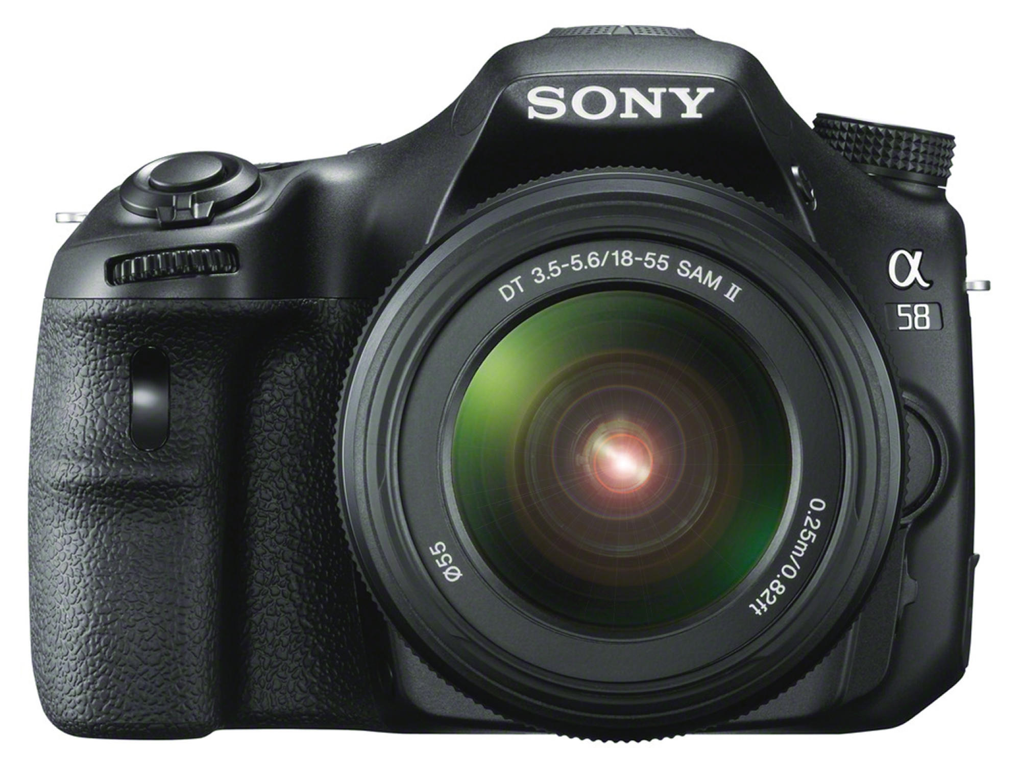 Cámara DSLR Sony Alpha negra. El objetivo es central, con especificaciones. 'SONY' está escrito arriba.