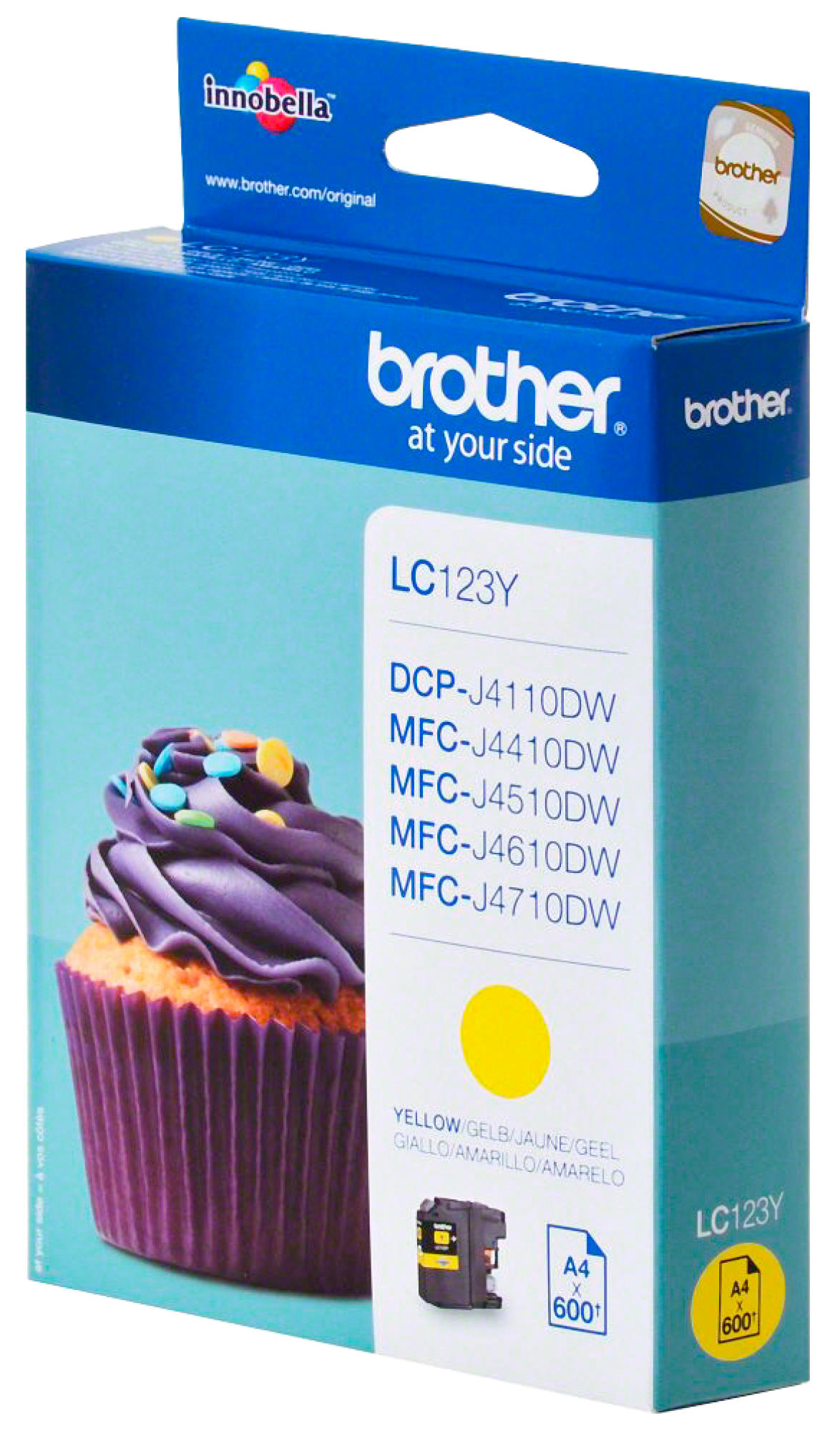 Tintenpatronenbox mit einem Cupcake. Die Box ist blau und gelb, mit Text und einem Cupcake-Bild.