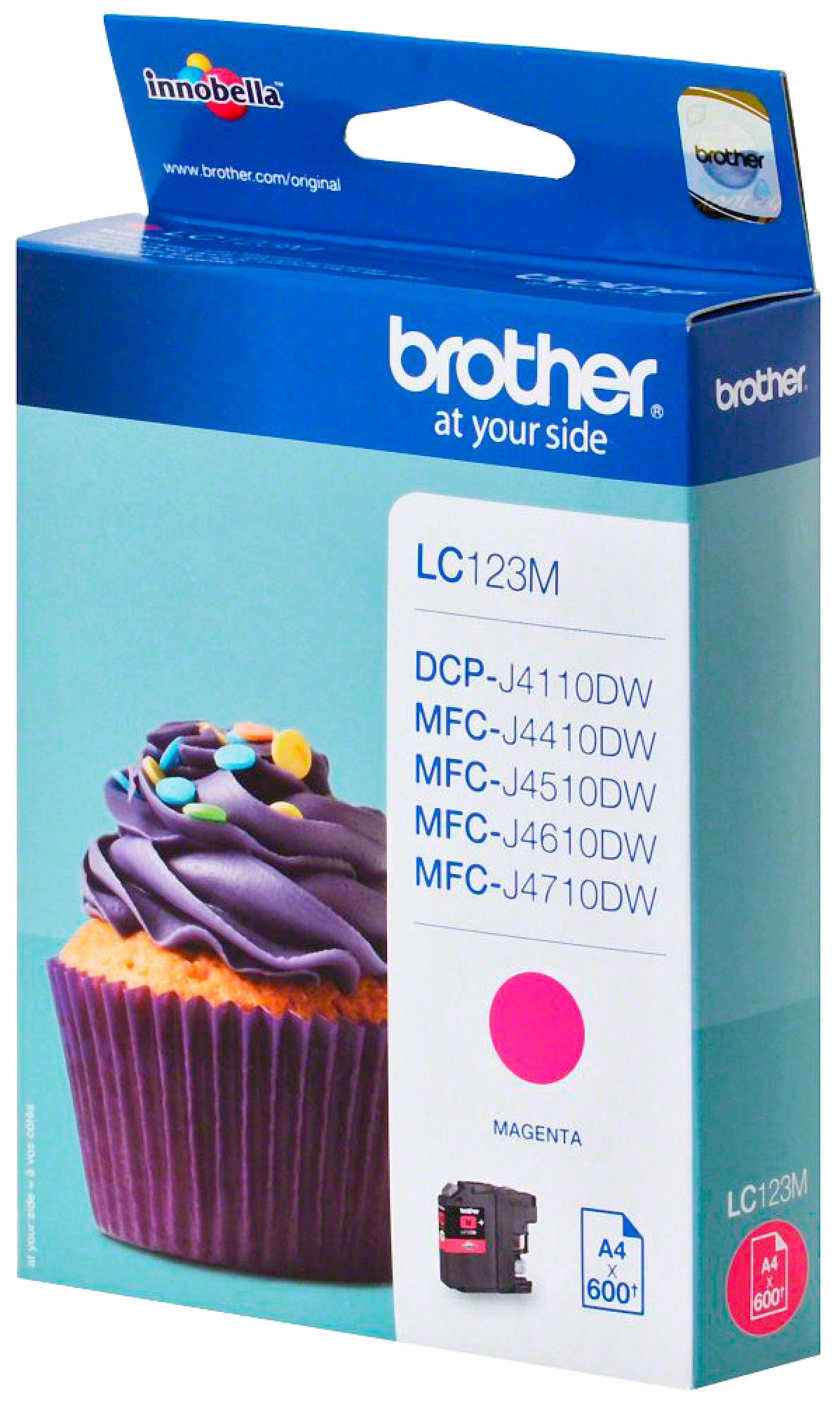 Boîte de cartouche d'encre : Cupcake avec glaçage, encre magenta, texte 'LC123M'.