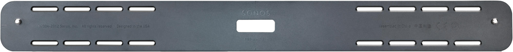 Eine graue Sonos Soundbar-Halterung mit Löchern, Markenname in der Mitte.