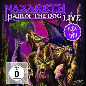 Albumcover von Nazareth, Hair of the Dog Live. Wölfe und Waldszene, lila Hintergrund.