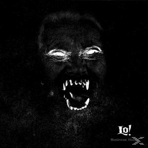 Monochromes Bild eines Monstergesichts mit leuchtenden Augen und Zähnen auf dunklem Hintergrund.