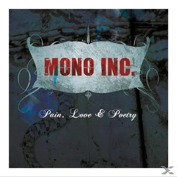 Albumcover: Mono Inc. Logo mit dem Text 'Pain, Love & Poetry'.