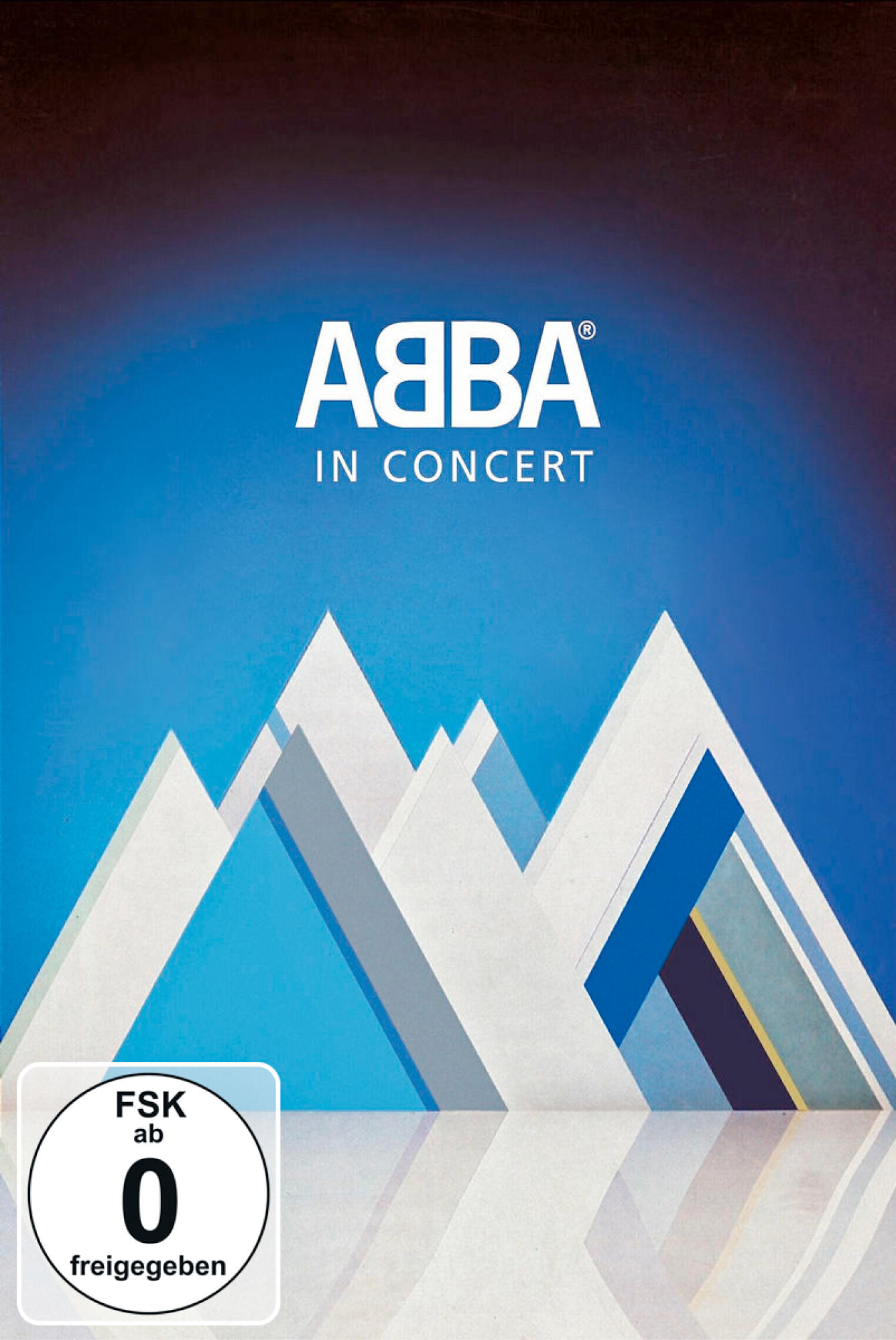 ABBA In Concert DVD-Cover. Weiße Berge und blauer Himmel Hintergrund mit dem ABBA-Logo.