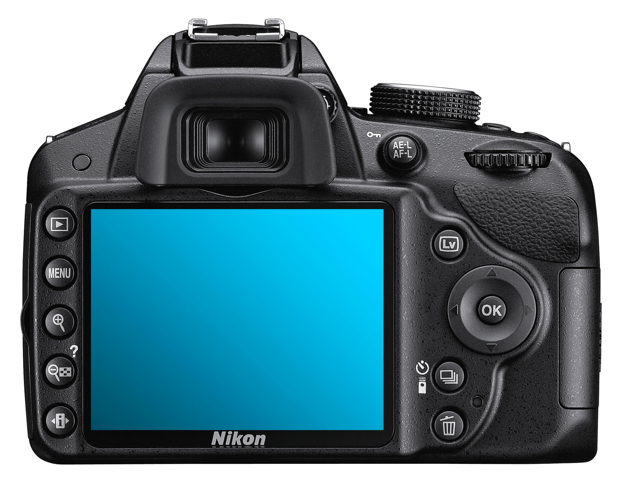 Vista trasera de cámara DSLR Nikon negra. Cuenta con pantalla azul, botones, diales y el logotipo de Nikon. Incluye visor.