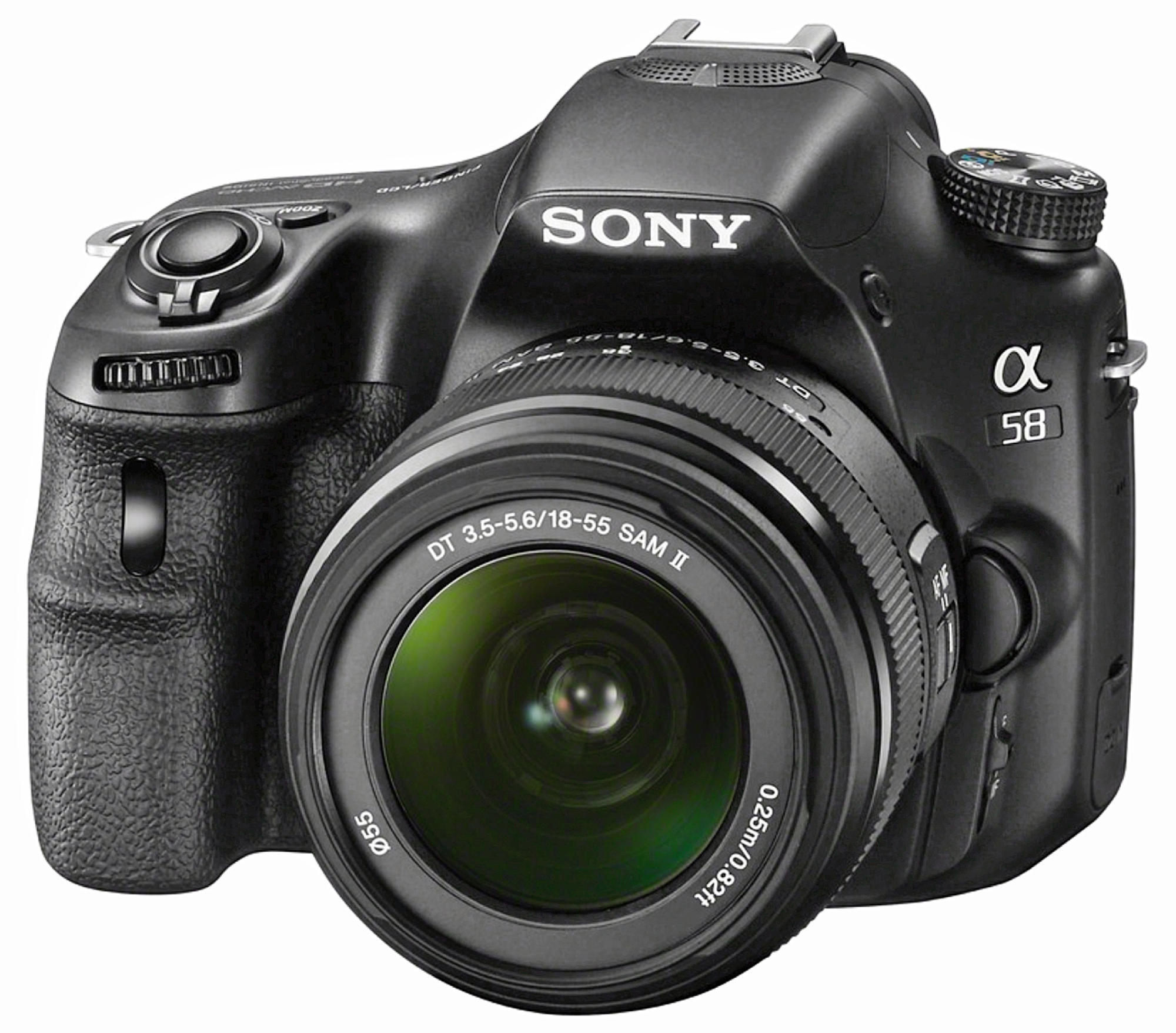 Una cámara Sony Alpha 58 negra con lente, flash y varias perillas. La lente tiene un reflejo verde.