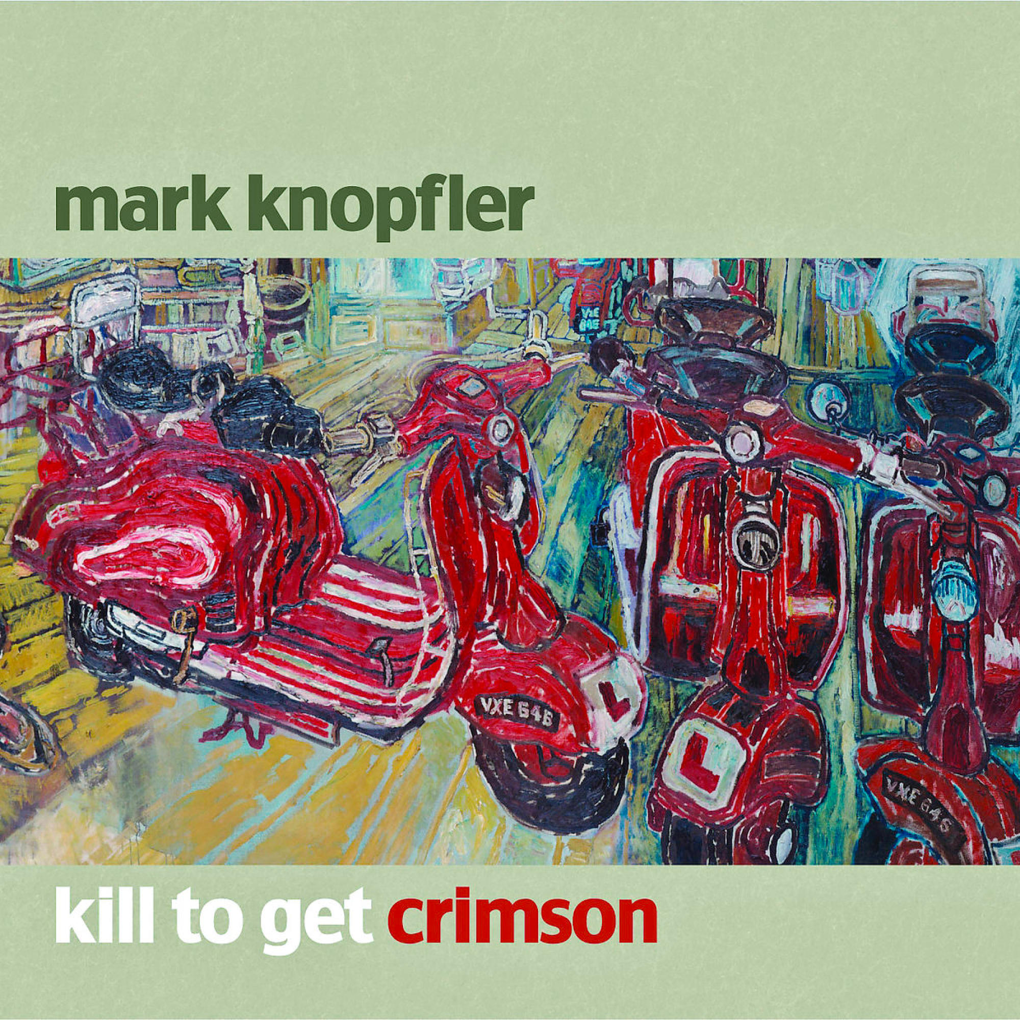 Albumcover mit roten Rollern und Text. Gemalter Stil, grüner Hintergrund.