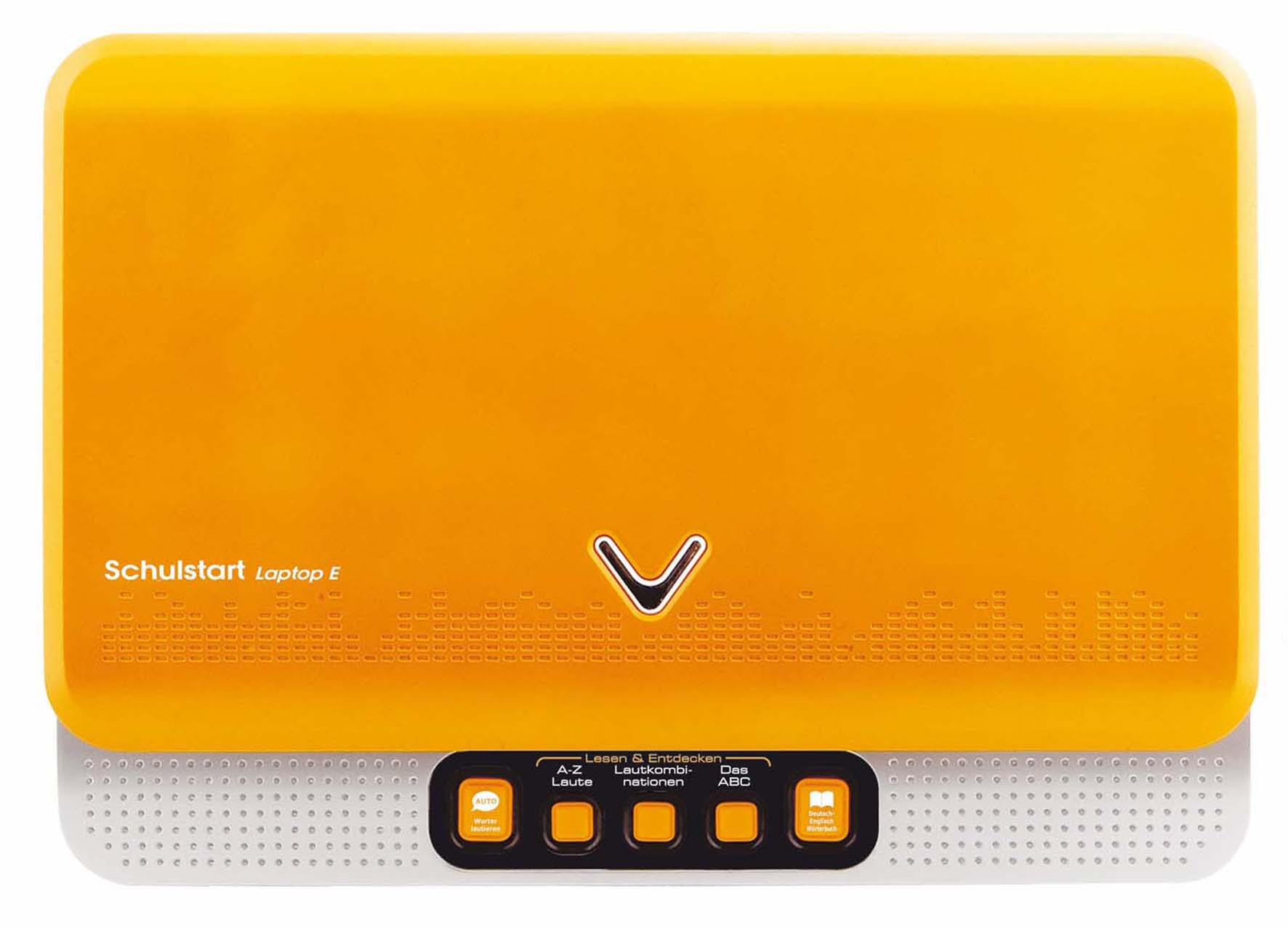 Oranger Laptop mit Text und Logo auf der Vorderseite, auf weißem Hintergrund.