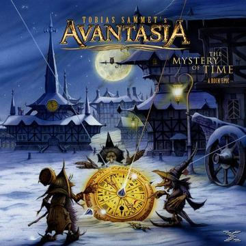 Avantasia album borító. Fantázia illusztráció, órával, figurákkal és egy várral a havas tájban.