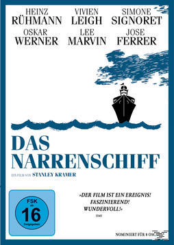 DVD-Cover für „Das Narrenschiff“, mit Schauspielern und dem Titel in Blau und Weiß.