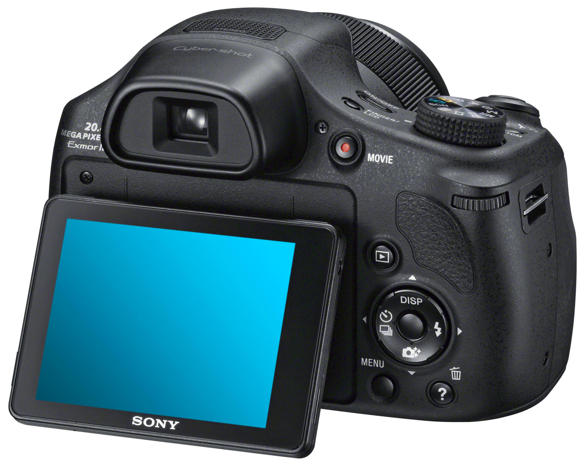Schwarze Sony-Kamera mit ausklappbarem Bildschirm, Objektiv und mehreren Tasten und Einstellrädern.