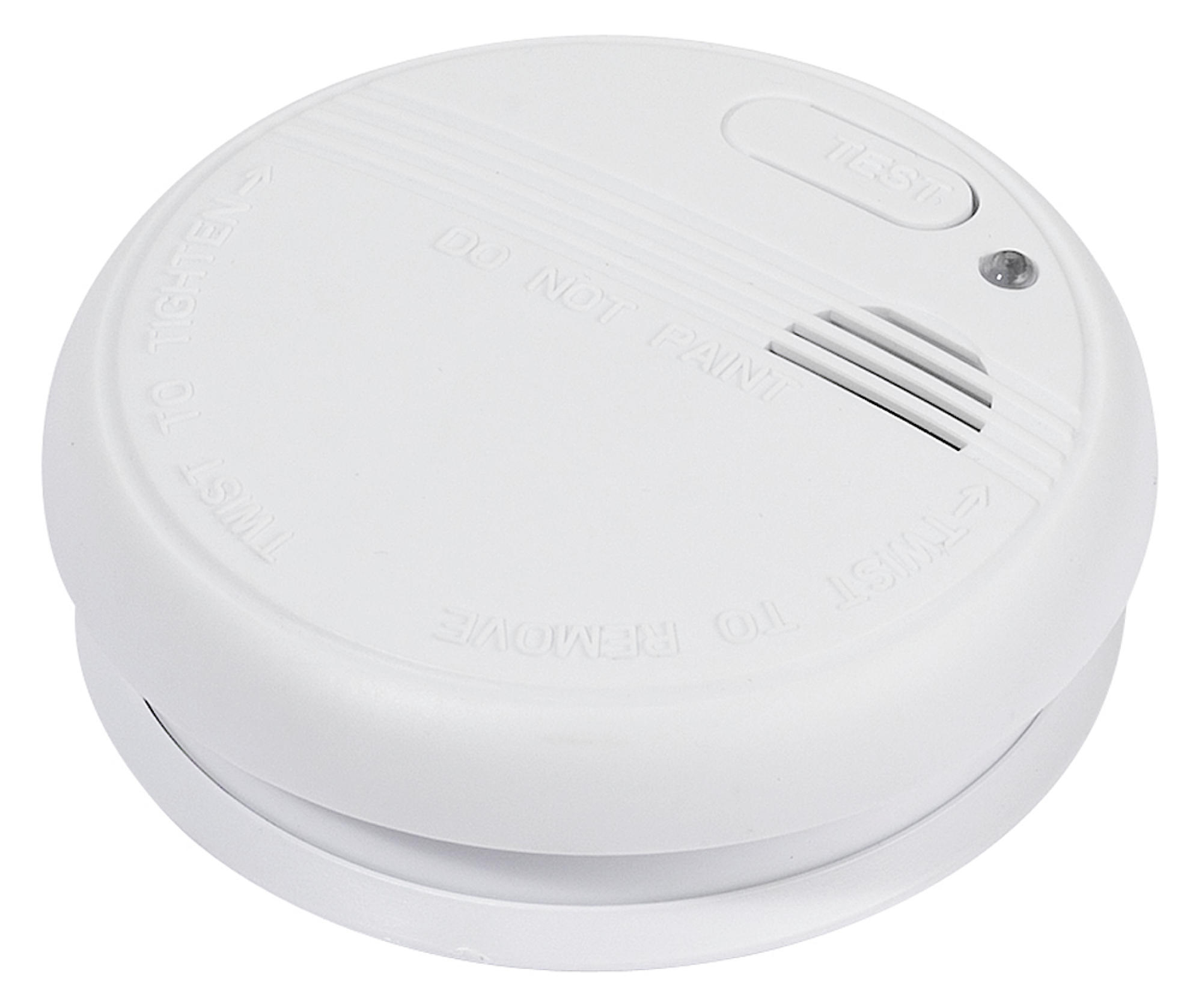 Ein weißer Rauchmelder mit Testknopf und kleinem Licht. Der Hintergrund ist weiß.