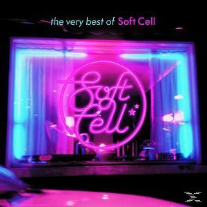 Soft Cell Albumcover. Neonschild in einem Fenster. Pinker Soft Cell Text.