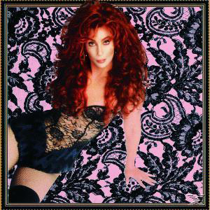 Albumcover mit Cher. Sie trägt ein schwarzes Kleid, Spitze und hat rotes Haar. Ein rosa Blumengrund.
