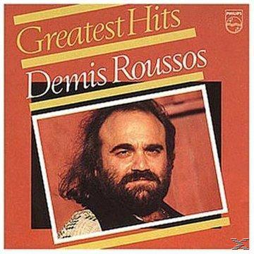 Albumcover. Foto von Demis Roussos in einem Rahmen. Titel: Greatest Hits. Oranger, roter Hintergrund.