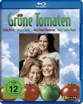DVD-Cover von 'Grüne Tomaten' mit vier Frauen, grünen und roten Tomaten. Blu-ray Disc Logo.