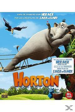 Couverture DVD du film Horton. Avec Horton l'éléphant et un personnage bleu.