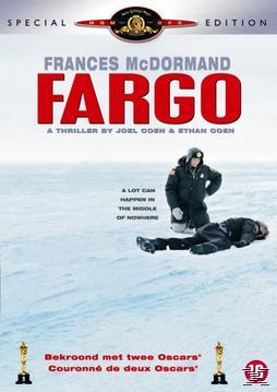 Pochette du DVD Fargo. Le nom de Frances McDormand en haut. Une scène enneigée avec deux hommes est dans la moitié inférieure.