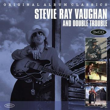 Albumcover mit Stevie Ray Vaughan mit Gitarre und kleinere Albumcover.